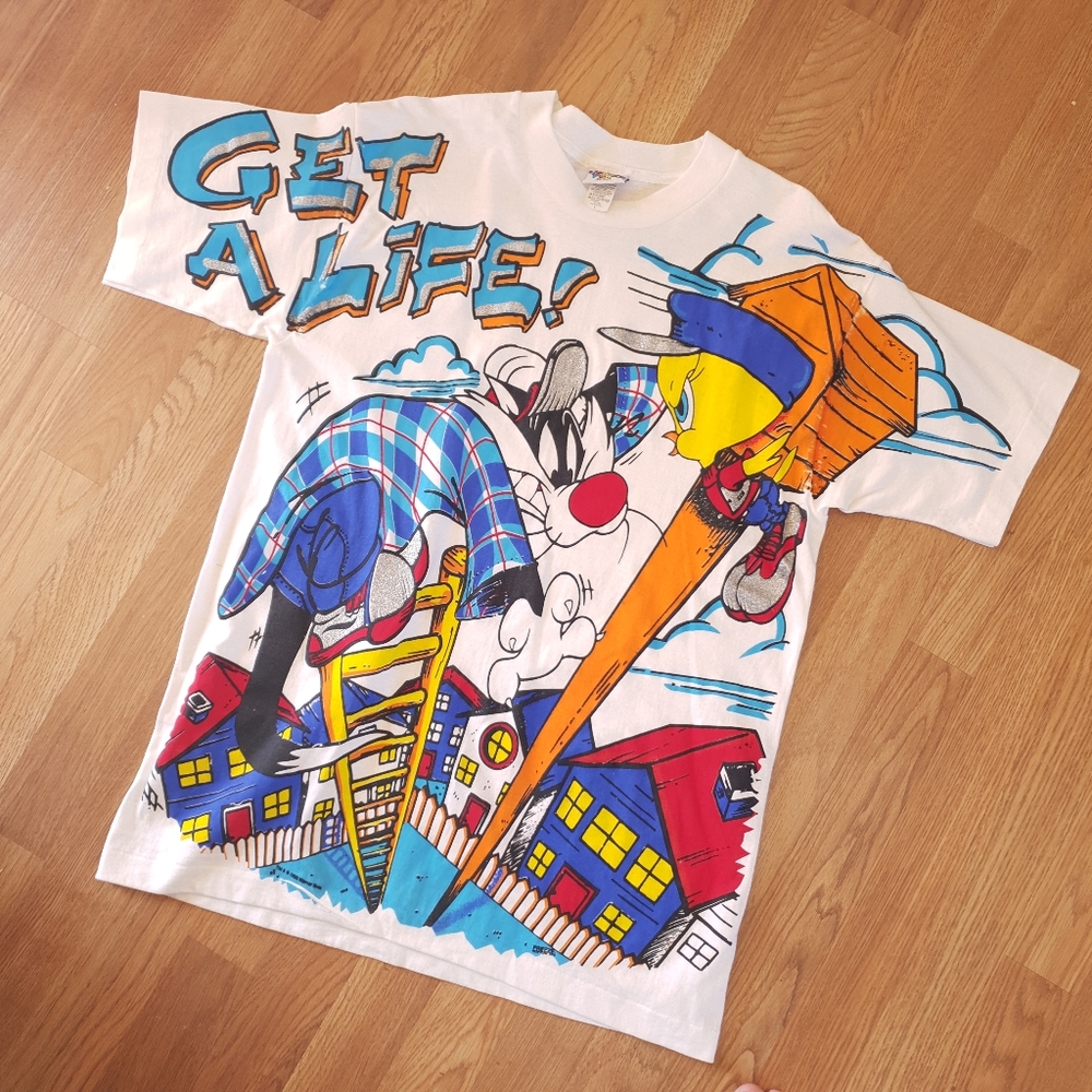 Looney Tunes Vintage 1995 AOP Sylvester Tweety Bird Cartoon Get A Life Tee Large - Picture 2 of 14
